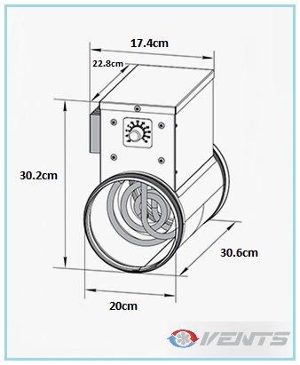 Dimensions du chauffage de gaine 1200W - Diam 200mm