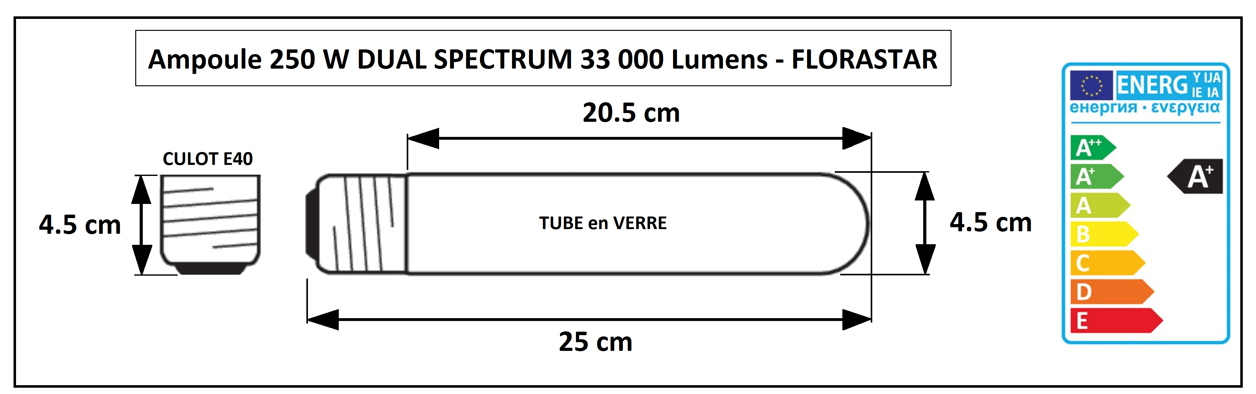 Dimensions de la lampe HPS double spectre 250W Florastar