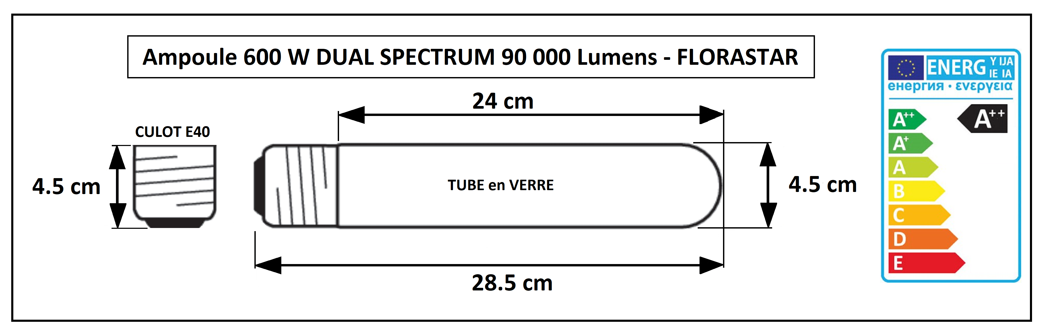 Dimensions de l'ampoule 600W croissance et floraison Florastar