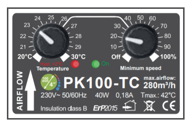 Boitier de commande de l'extracteur thermostatique Prima Klima 280m3/h