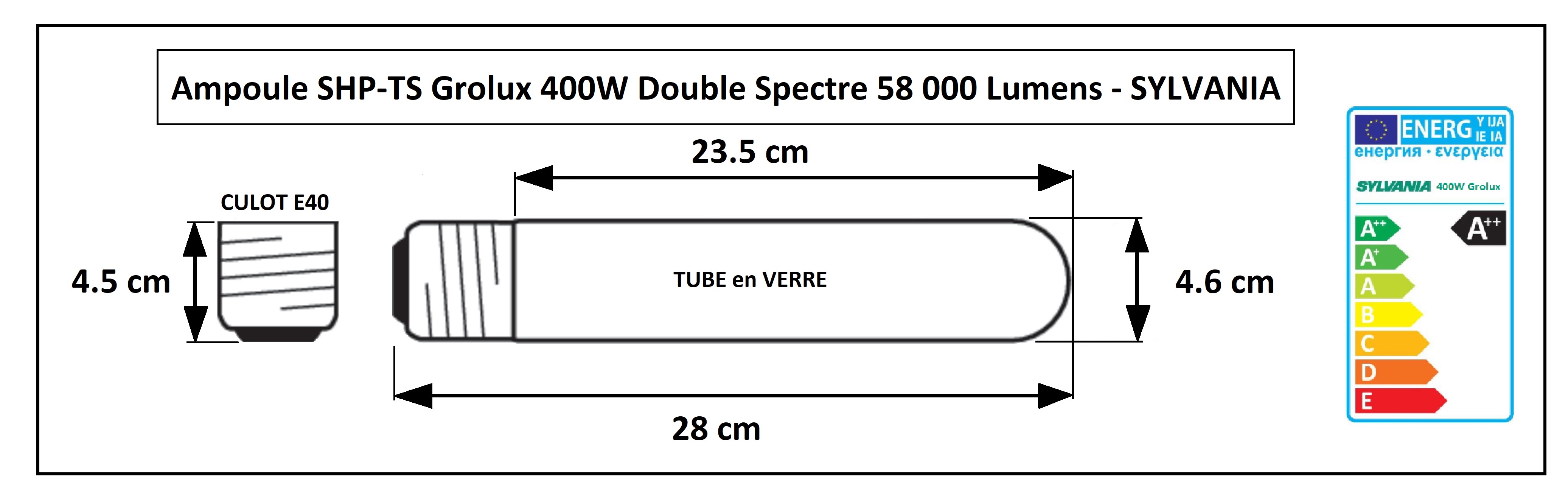 Dimensions de la lampe Agro 400W Sylvania Grolux