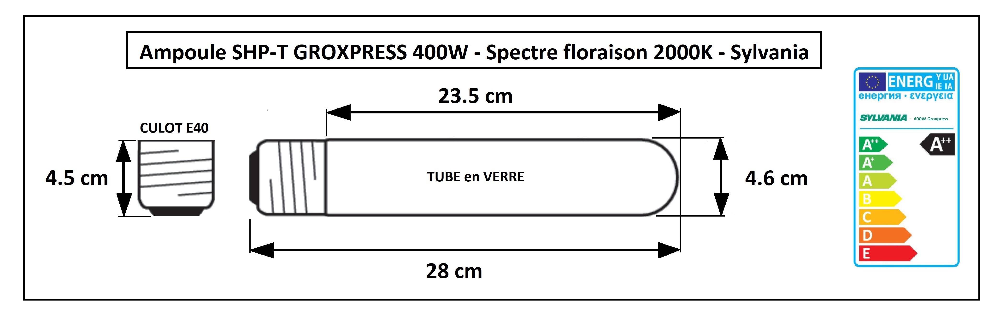 Dimensions de la lampe Groxpress 400W Sylvania