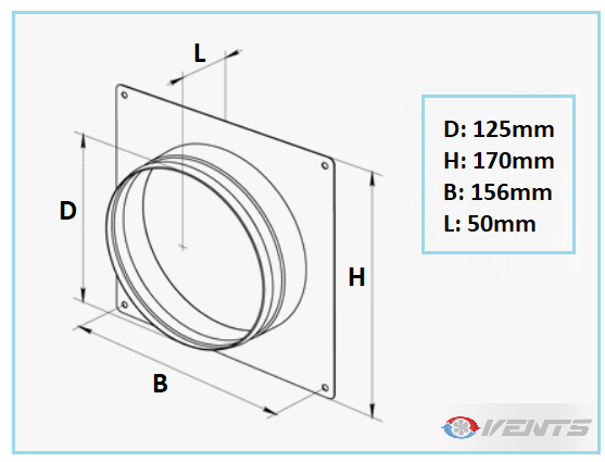 Flange de ventilation métal 125mm pour mur et plafond